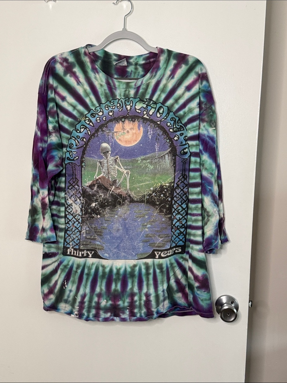Vintage Grateful DTie-Dye Long Sleeve Shirt with Skeleton Graphic - Teal & Purpl